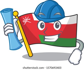Cheerful flag oman on Architect cartoon style holding blue prints