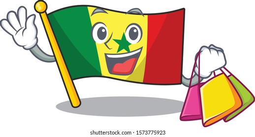 Cheerful Flag Senegal cartoon character waving and holding Shopping bag