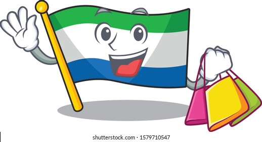 Cheerful flag sierra leone cartoon character waving and holding Shopping bag