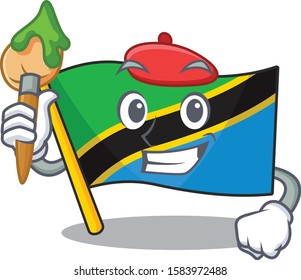 Cheerful flag tanzania Artist cartoon character with brush
