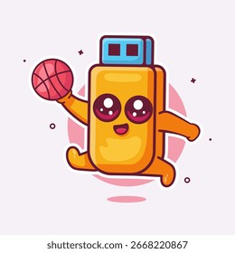 Alegre disco flash personaje mascota jugando baloncesto aislado de dibujos animados