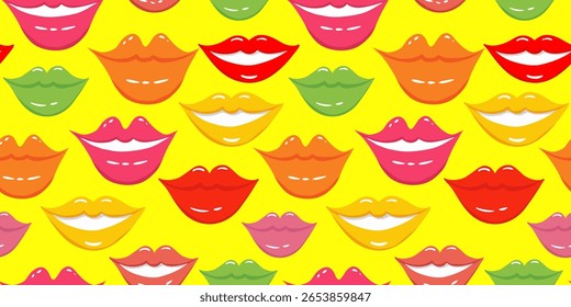 alegre liso arte padrão sem emenda com lábios sorridentes no fundo amarelo divertido design vibrante para ocasiões felizes