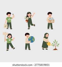 A cheerful flat character set of eco-friendly kids celebrating World Environment Day, featuring sustainability actions like recycling, planting, and saving the planet in a clean modern style.