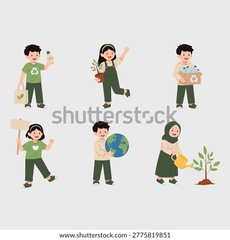 A cheerful flat character set of eco-friendly kids celebrating World Environment Day, featuring sustainability actions like recycling, planting, and saving the planet in a clean modern style.