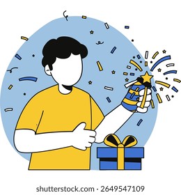 A cheerful flat design of a celebration scene featuring confetti, a gift box, and festive colors. Perfect for party themes, holiday visuals, or joyful event promotions.