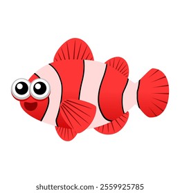 A cheerful flat design of a cute clownfish cartoon happily playing in the sea. Perfect for children's books, ocean themes, educational materials, and more. Playful, vibrant, and versatile