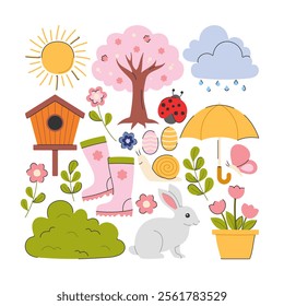 A cheerful flat design illustration of spring season elements featuring flowers, a bunny, a birdhouse, rainclouds, boots, and more. Perfect for seasonal projects, decorations, or design assets.