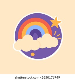 Uma alegre ilustração plana de um arco-íris emergindo de nuvens com um sotaque de estrela, apresentada dentro de um emblema circular com tons roxos e quentes.