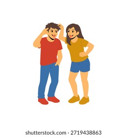 Una alegre ilustración plana de un hombre y una mujer jóvenes bromeando juguetonamente entre sí, mostrando amistad, humor e interacción desenfadada.