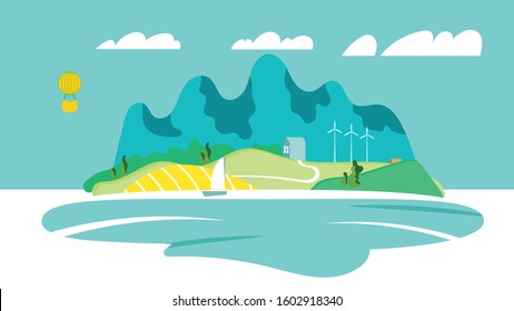 Cheerful flat nature landscape vector illustration, island and mountain scene with yacht boat and hot air balloon. Holiday concept.