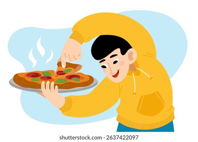 Cheerful flat style boy in yellow hoodie grabbing a slice of hot pizza from a tray. Funny cartoon character enjoying delicious food. Colorful vector illustration