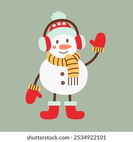 Cheerful flat style snowman with a scarf, earmuffs, and boots, waving hello. Perfect for holiday greetings, Christmas decor, and festive winter designs. Bright and cute character illustration.