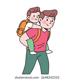 Ilustração vetorial plana alegre de um pai dando a seu filho um passeio de carona. Simboliza o vínculo pai-filho.