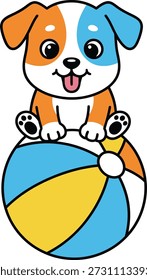 Una alegre Ilustración vectorial plana de un feliz cachorro de dibujos animados sentado en una colorida pelota de playa. Ideal para la marca de tiendas de mascotas, decoración de viveros, productos para niños y diseños temáticos de verano.
