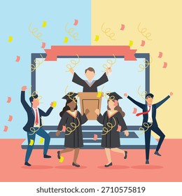 Una alegre Ilustración vectorial plana de una ceremonia de graduación en línea o virtual. Los graduados felices en batas y gorras saltan y celebran su logro académico debajo de una pantalla de monitor de computadora Grande