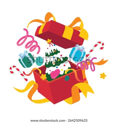 Cheerful flat vector illustration of an open red Christmas gift box with a festive tree, candy canes, gifts, and swirls. Ideal for winter holiday and celebration-themed designs in cartoon style.