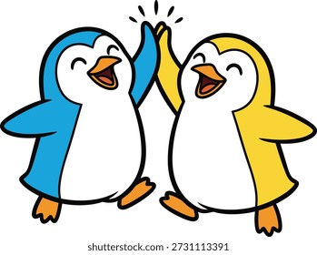 Alegre Ilustración vectorial plana de dos pingüinos, uno azul y otro amarillo, celebrando con un cinco alto. Perfecto para la formación de equipos, recompensas por logros escolares, publicaciones positivas en las redes sociales y contenido educativo.
