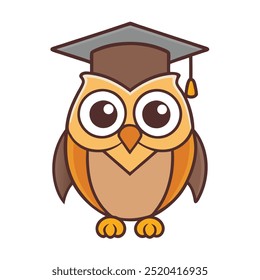 Cheerful flat vector owl with graduation cap, perfect for academic or educational themes.