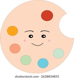 A cheerful flat-style illustration of a paint palette with colorful paint blobs and a happy face. Perfect for kids’ art education, cute design assets, and creative school-themed graphics.