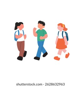 A cheerful, flat-style illustration of three elementary-aged children walking, likely on their way to school.