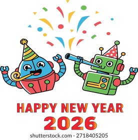 Uma ilustração vetorial alegre e em estilo plano de um personagem robô azul e verde usando chapéus de festa, soprando um chifre de festa e cercado por confetes coloridos para comemorar o feriado de ano novo de 2026. Este gráfico brilhante e divertido é ideal para cartões de saudação, banners, posts de mídias sociais e projetos festivos em geral, visando temas de tecnologia, futuro e celebração.