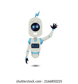 Cheerful floating robot waving hand with hello word on digital screen - flat vector illustration isolated on white. Cute cartoon character of chatbot greeting customers.