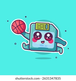 cheerful floppy disk character mascot playing basketball isolated cartoon