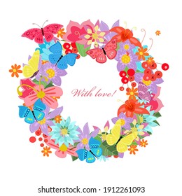 cheerful floral card with colorful flowers wreath for your design