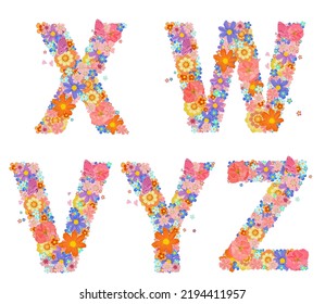 cheerful floral font alphabet with perching butterflies and flying hearts around. collection of colorful letters X, W, V, Y, Z  with stylized flowers. signs of abc with brite poppies and marguerite