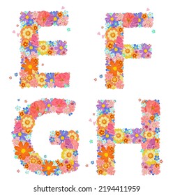 cheerful floral font alphabet with perching butterflies and flying hearts around. collection of colorful letters E, F, G, H with stylized flowers. signs of abc with brite poppies and marguerite daisy