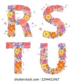 cheerful floral font alphabet with perching butterflies and flying hearts around. collection of colorful letters R, S, T, U  with stylized flowers. signs of abc with brite poppies and marguerite daisy