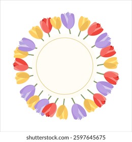 A cheerful floral frame featuring a circle of red, yellow, and purple tulips blooming in harmony.