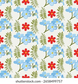 Padrão sem emenda de Medley floral alegre, Um padrão alegre e vibrante sem emenda com um delicioso medley de flores azuis e vermelhas intercaladas com ramos verdes folhosos em um fundo claro. 
