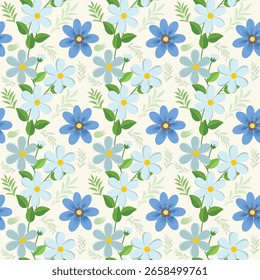 Padrão sem emenda de Medley floral alegre, Um padrão alegre e vibrante sem emenda com um delicioso medley de flores azuis e vermelhas intercaladas com ramos verdes folhosos em um fundo claro. 