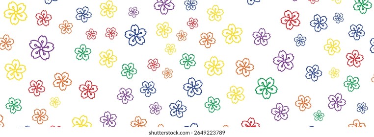Cheerful floral pattern featuring vibrant, outlined flowers in yellow, red, blue, green, orange, and purple scattered across a crisp white background, evoking a sense of spring and natural beauty