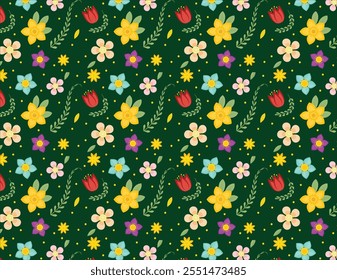 A cheerful floral pattern with red, yellow, pink, and purple flowers on a deep green background, creating a vibrant and nature-inspired design