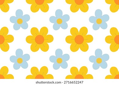 Cheerful floral repeat with yellow and blue blooms on white playful, bright, and perfect for fabric, wrapping, or spring themed decor.