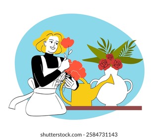 A cheerful florist arranges flowers in a vase, wearing an apron, with a watering can nearby on a blue background, depicting floral creativity