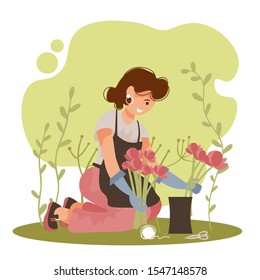 
Cheerful florist woman makes a flower bouque. Happy girl enjoying her hobby draws up flower arrangements. Creative occupation concept. Flat cartoon vector illustration.