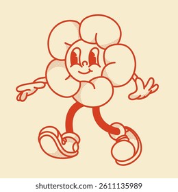 Cheerful flower character retro mascot with smiling face and shoes. Cute spring or summer symbol