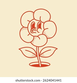 Cheerful flower character retro mascot with smiling face and petals. Cute spring or summer symbol