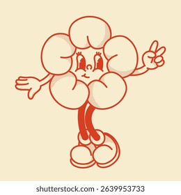 Cheerful flower character retro mascot with smiling face, shoes and fingers in victory sign. Cute spring or summer symbol