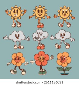 Cheerful flower cloud and sun character retro mascot with smiling face and petals. Cute spring or summer symbol
