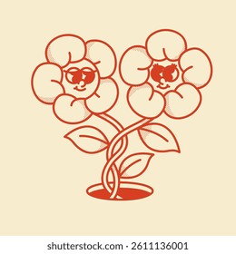 Cheerful flower couple character retro mascot with smiling face. Cute summer love symbol