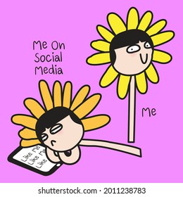 Cheerful Flower Girl Versus Depressed Brown Rot Blossom Flower Girl While Using Social Media Concept Card Character illustration