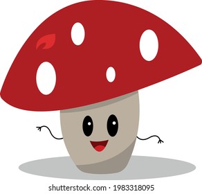 A cheerful fly agaric with a red hat and white patterns on it makes wavy movements with his hands and laughs