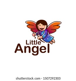 Cheerful flying Angel mascot cartoon logo vector illustration template on white background