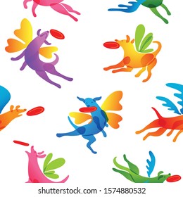 Cheerful flying dogs catch a disk. Rainbow seamless pattern for souvenirs, printing on fabrics, paper, holiday design.