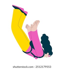 Mulher voadora alegre realizar salto de paraquedismo solo. Atividades desportivas extremas. Ilustração vetorial plana moderna.