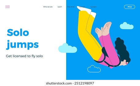 Cheerful flying female perform solo skydiving jump. Extreme sport activities. Modern flat vector illustration. Solo jump. Landing page and website banner template.